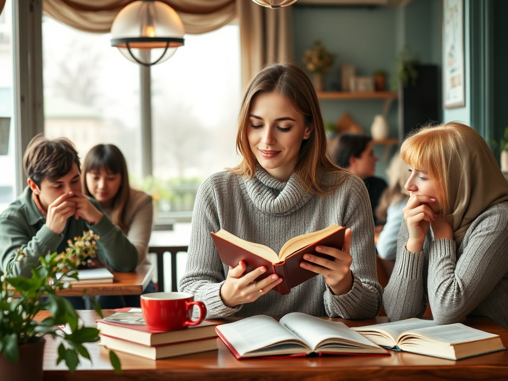 Молодая женщина читает книгу в уютном кафе. В фоне друзья обсуждают, взглядов студентов не хватает для внимания.