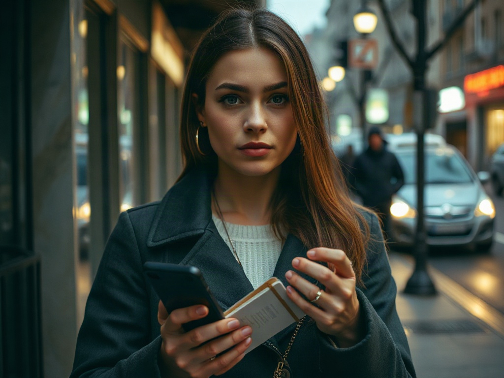На улице стоит девушка с телефоном и карточкой в руках, оценивающая окружающее пространство.