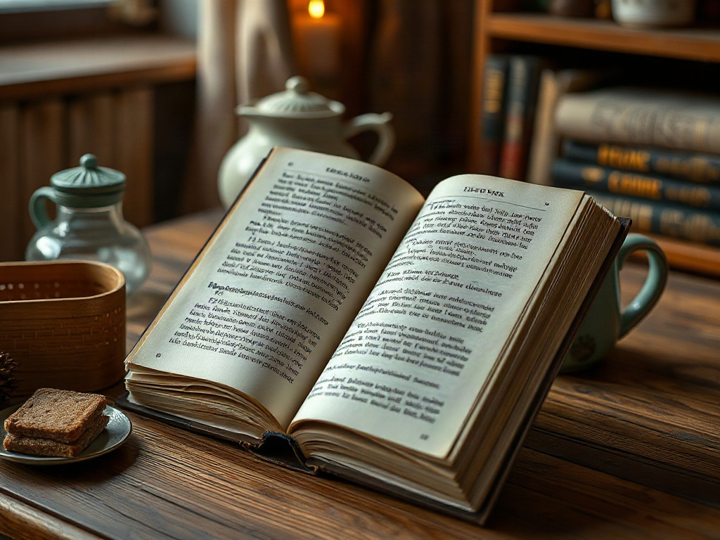 Открытая книга на деревянном столе рядом с чашкой и печеньем, в уютной обстановке.